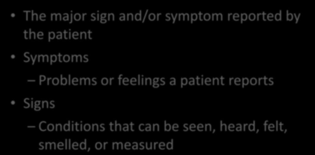 Chief Complaint The major sign and/or symptom reported by the patient Symptoms Problems or