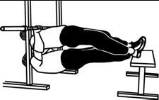 Lower yourself to the point where your elbows are at the same level of the shoulder. 6. Keep your abdominal and buttocks muscles tight. 1. Lay on back under fixed horizontal bar.