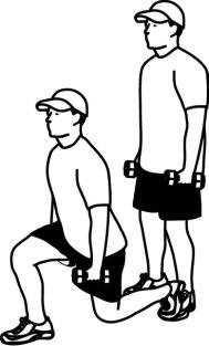 Stand with legs at or slightly wider than shoulder width apart. 2. Hold weights in both hands. 3. Step forward such that fight thigh is parallel to the ground and the left shin is parallel to ground.