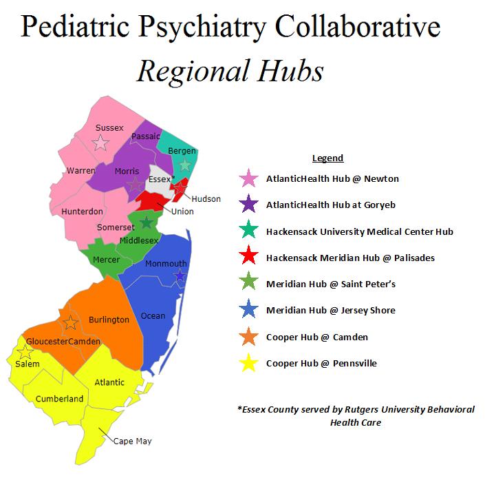 The Pediatric Psychiatry Collaborative Hubs in New Jersey Currently 9 Hubs in NJ: To date, 412 providers in 8 Hubs across 20 counties are participating in the PPC Child/Adolescent Psychiatry for