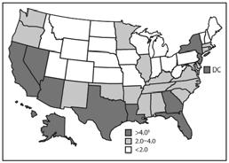 TB Case Rates,* United States, 21 TB rate ranged from.6 (Maine) to 8.