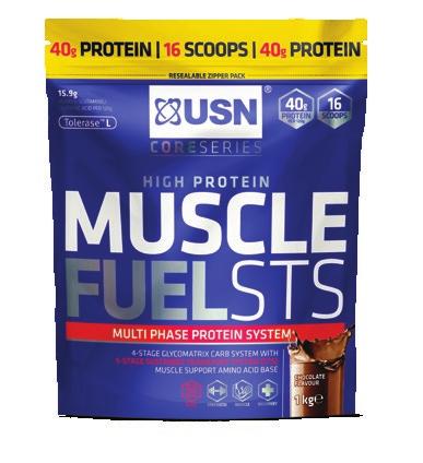 MUSCLE FUEL STS Muscle Fuel STS consists of a high protein blend with a 4-Stage Glycomatrix Carb System. Added glutamine, taurine & BCAA s optimize strength, performance, energy & recovery.