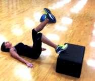 1. Lie on floor on your back. 2. Place right foot against step/bench and left foot up in air. 3.