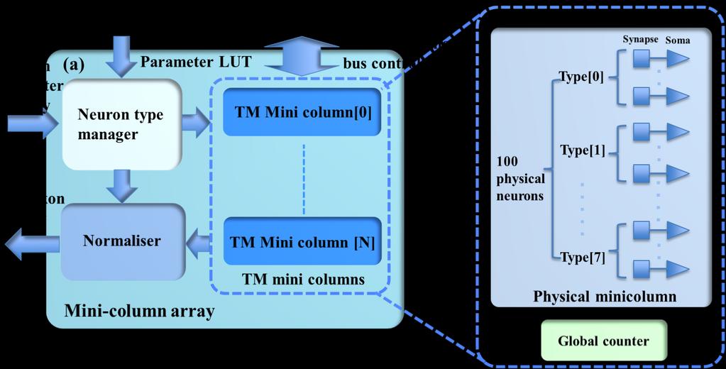 The neural engine forms the main body of the system. It contains three functional modules: a minicolumn array, a synapse array, and an axon array. The minicolumn array implements TM minicolumns.