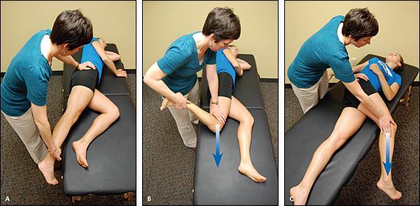 Exam: Special Tests (A) To evaluate the tensor fasciae latae: The hip and knee are held at 0 degrees of extension and allowed to passively adduct with gravity.