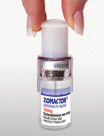 Both the Prefilled Syringe and Vial Adapter come with your medicine. Remove the plastic cap from the ZOMACTON 10 mg vial and clean the top of the vial with an alcohol swab.