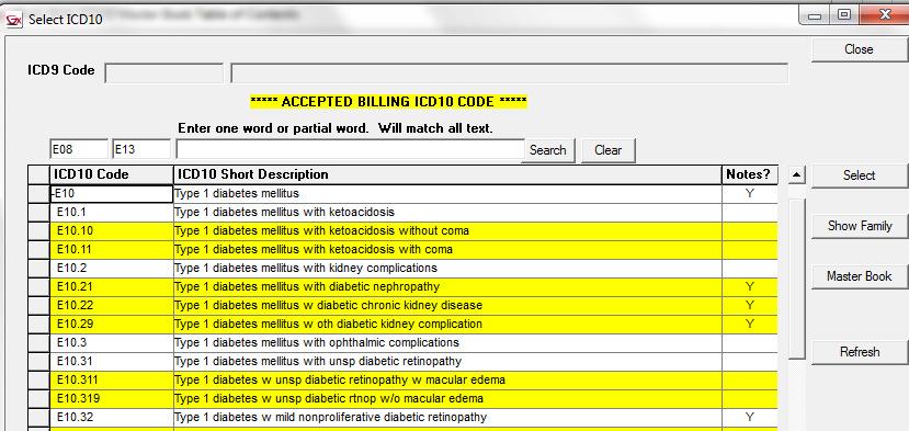 In this example we see the ICD10 listed in the DX Search screen.
