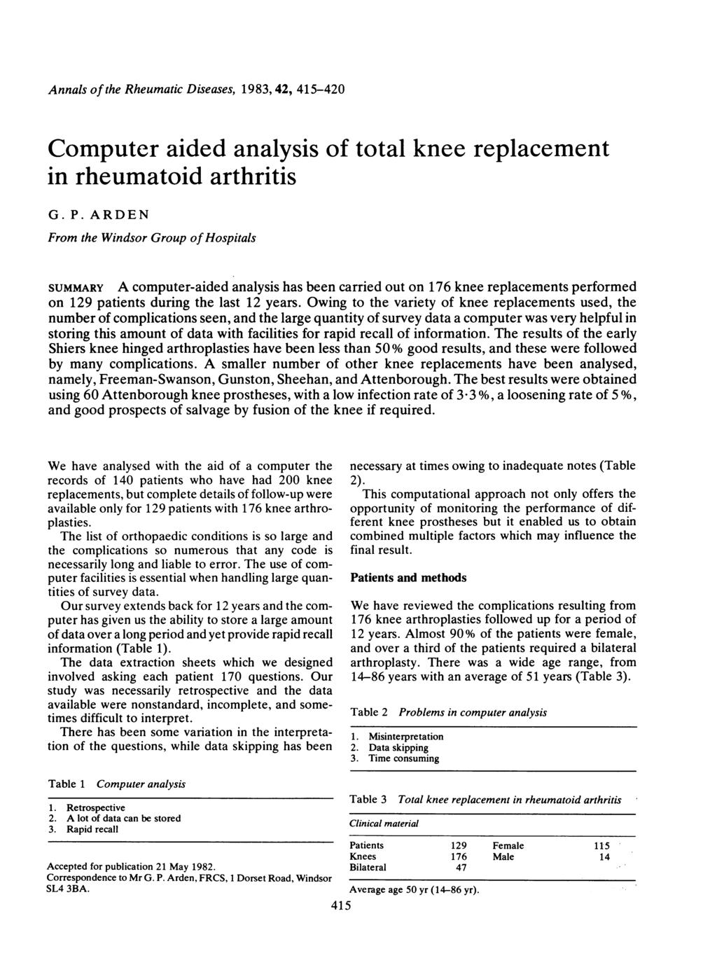 Annals of the Rheumatic Diseases, 1983, 42, 415-420 Computer aided analysis of total knee replacement in rheumatoid arthritis G. P.