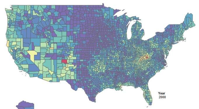 2000 Rapid Increase in Drug Overdose Death Rates by County SOURCE: NCHS Data Visualization Gallery