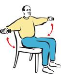 Arm Raise Strengthens shoulder muscles. 1. Sit tall with your feet flat on the floor, shoulder-width apart. 2.