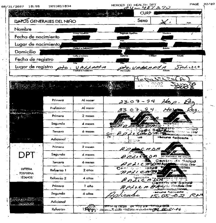 MEDICAL RECORDS CONTINUED Official Mexico Immunization Record Hernandez, Jose