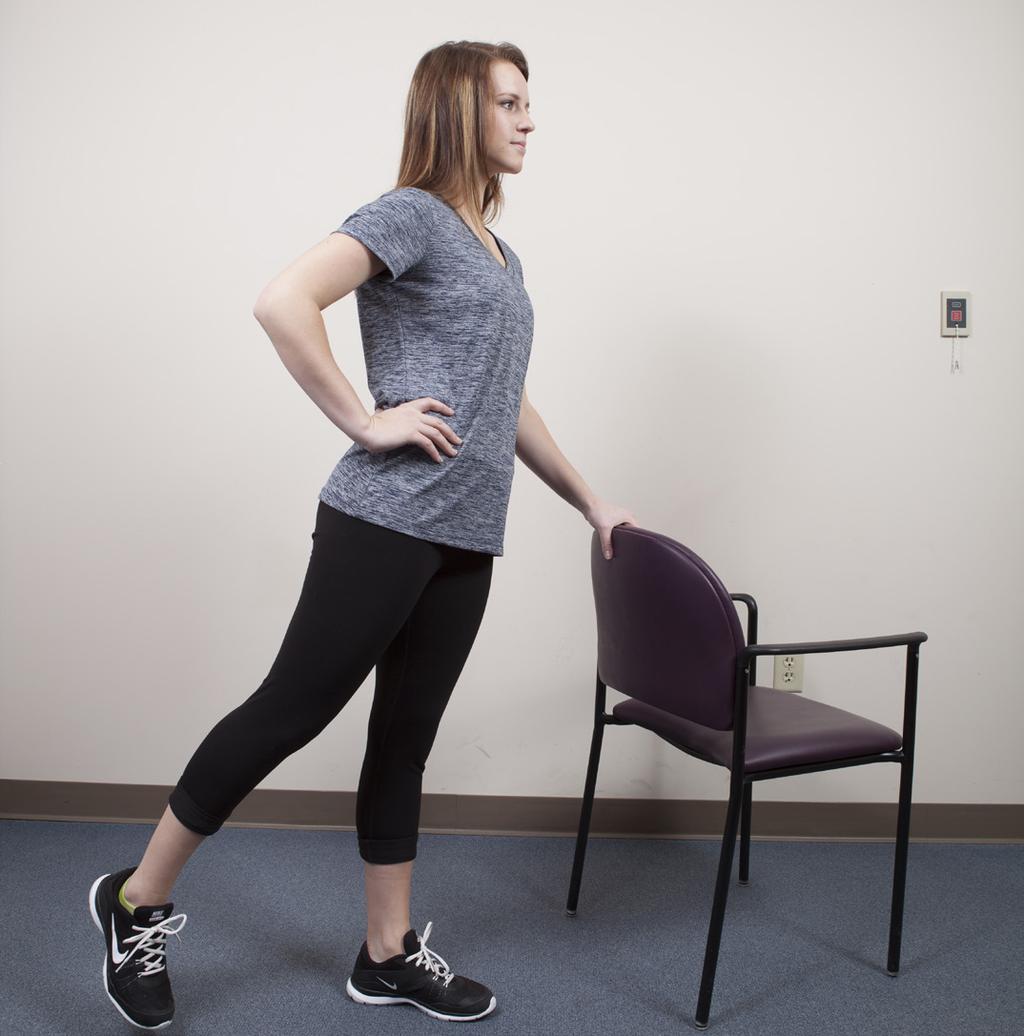 Flamingo swing: Stand straight and hold onto the back of a sturdy chair or the counter. Do not bend your waist or knee. Place your hand on your pelvis. Raise your leg forward and back with control.