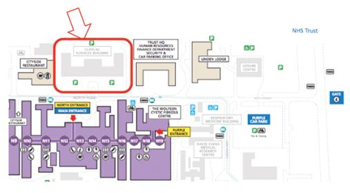 Please use the public parking car parks indicated by a blue P symbol or blue disabled parking symbol on the map of the City Hospital site (parked is limited here), including all roadside spaces on