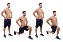 For the alternating lunge, lunge forward with one leg and return to center. Don t let the knee that s lunging extend over the toe. Repeat on each side.