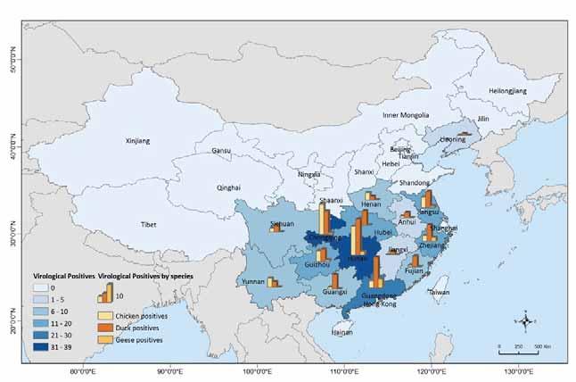 Map 3 shows that 14 provinces out of 31 have had positive results and these are: Anhui (3 samples), Chongqing (21), Fujian (5), Guangdong (15), Guangxi (5), Guizhou (12), Henan (6), Hubei (7), Hunan
