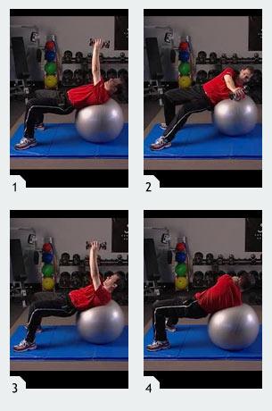 Grab one dumbbell and sit on a Swiss ball. Stabilizing the dumbbell on your chest, slowly walk yourself out on the ball until the ball is directly under your mid-back.