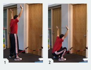 Criss Cross Deep Squats 10 times; using your FMT Butterfly Wings Attach each handle of the FMT to the lower part of a doorway.