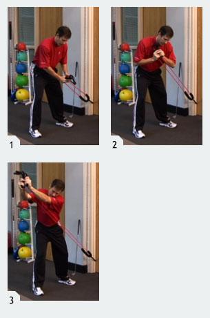 Attach the FMT harness to the lower part of a door. Grab both handles and get into a good golf posture. Starting with no slack in the tubing, slowly raise both handles up to your chest.
