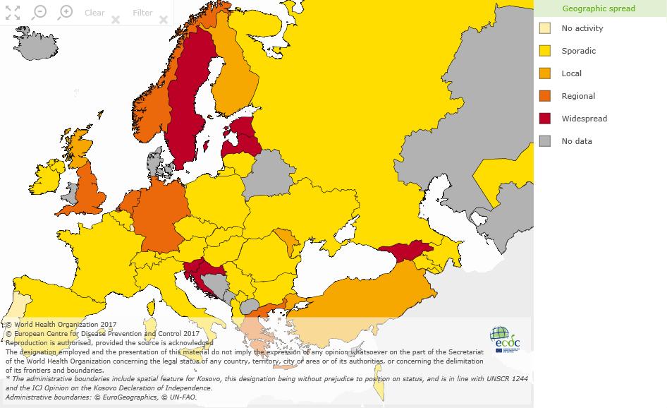 Fig. 2. Geographic spread in the European Region, week 11/2017 For interactive maps of influenza intensity and geographic spread, please see the Flu News Europe website.