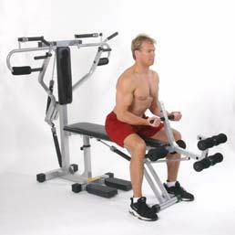 exercise sitting on the bench facing the FB pad; hands should be gripping the outer handles on the Y bar and elbows should extended as much as possible Exercise motion pull down on the handles,