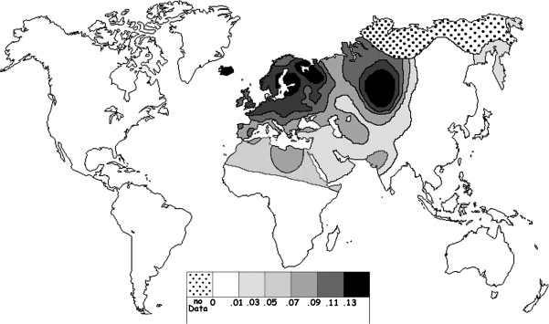 The average occurrence of the CCR5-Delta 32 deletion allele is estimated to be 10% in Caucasian European