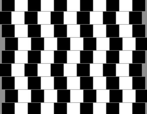 The horizontal lines are actually parallel, but they appear angular because of the offset and juxtaposition of the B&W