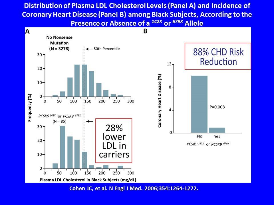 Data Demonstrating Genetic Variants affecting ASCVD Risk Loss of function mutations in the gene encoding for PCSK9 are associated in Black subjects with 8% LDL-C reduction and 88% CHD relative risk