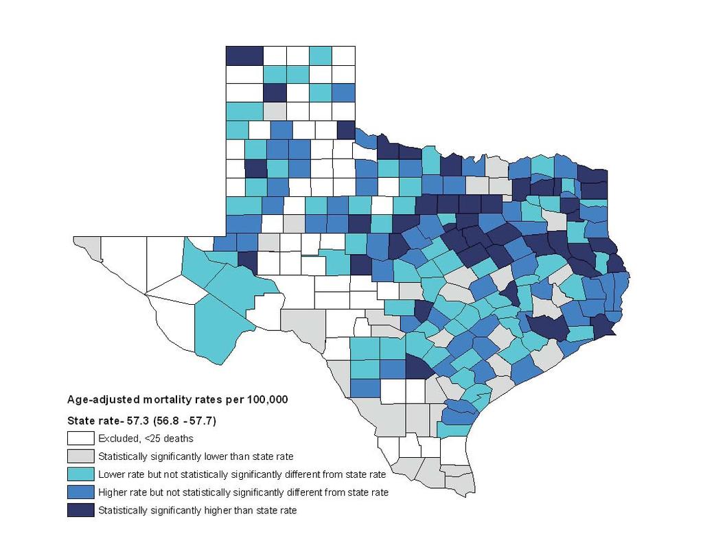 Cardiovascular Disease and Stroke Figure 8. Age-Adjusted Mortality Rates per 100,000 by County, Stroke, Texas, 2001-2006 Death The map above shows AAMRs for stroke by Texas county.