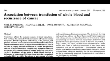 10/8/18 Use of Blood and Cancer Recurrence Multiple studies show blood transfusion is a downstream risk for cancer recurrence 838 Critical Care Patients Hb target 7.0-9.