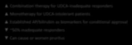 67 x ULN Additional 5% are intolerant to therapy Combination therapy for UDCA-inadequate responders Monotherapy for UDCA-intolerant patients Established