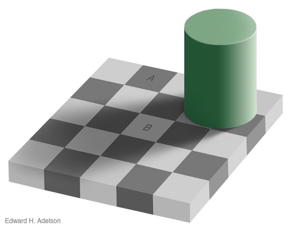 Look at square A and square B. Square A seems to have a darker shade of gray, but, believe it or not, they are exactly the same shade of gray.