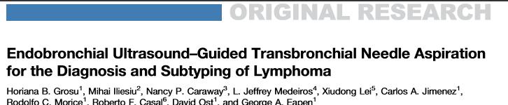 369 LNs and 19 mediastinal masses 2 lymph nodes per patient 5 needle passes per lymph node (3 19) no difference in the number of passes between
