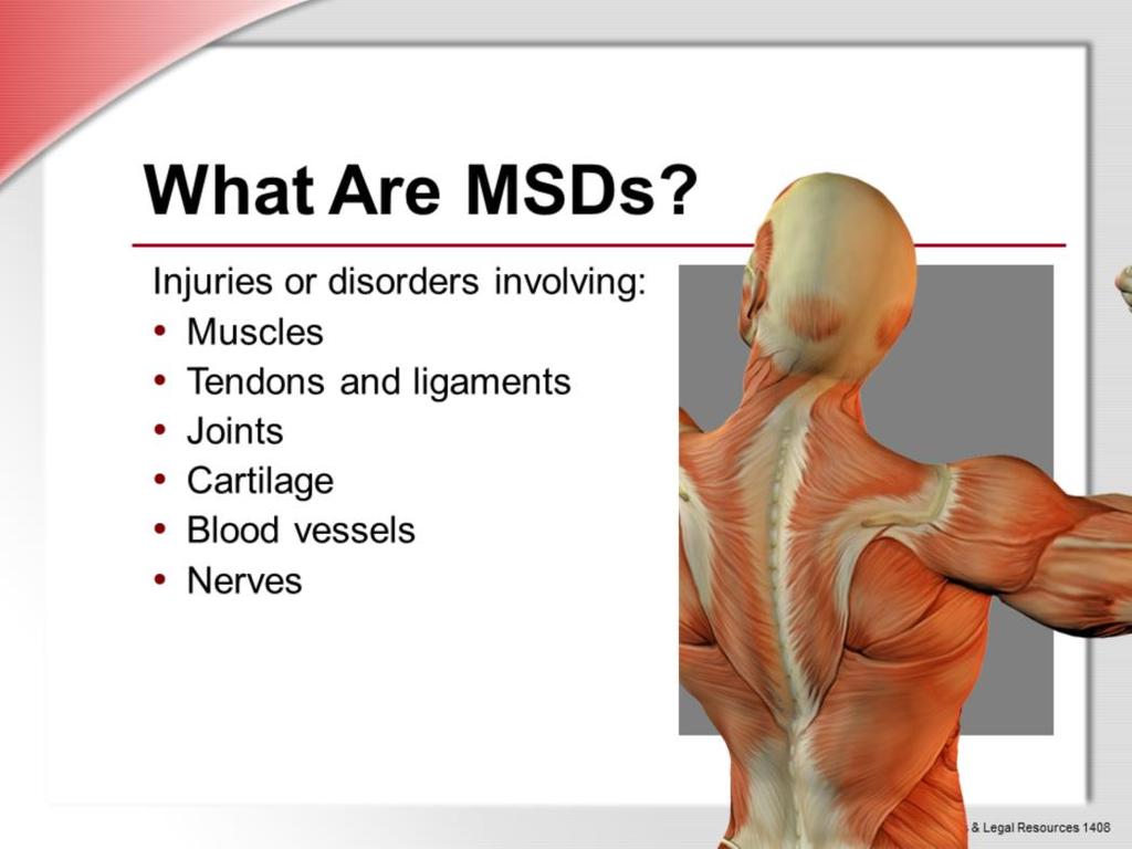 The risk of injuries and illness we spoke about in the previous slide involves a medical condition known as musculoskeletal disorder, or MSD, for short.