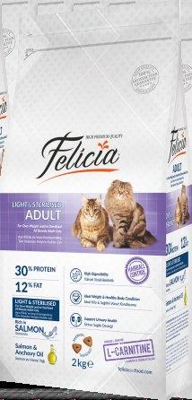 LIGHT & STERILISED ADULT For Over Weight and/or Sterilised All Breeds Adult Cats Felicia Adult Cat Light & Sterilised; is formulated for neutered or over weight cats.