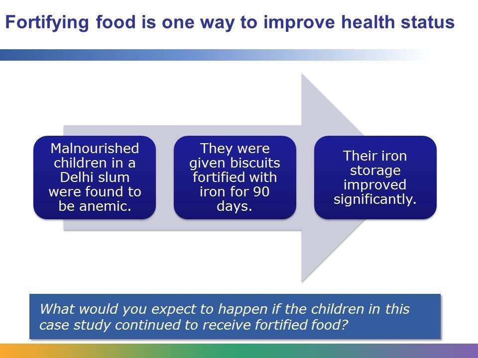Fortifying food is one way to improve the health status of malnourished children and adults. Take this case study for an example.