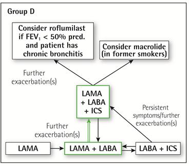 D: 2 or more exacerbations, more symptoms Group D Start therapy with a LABA/LAMA Further exacerbations?