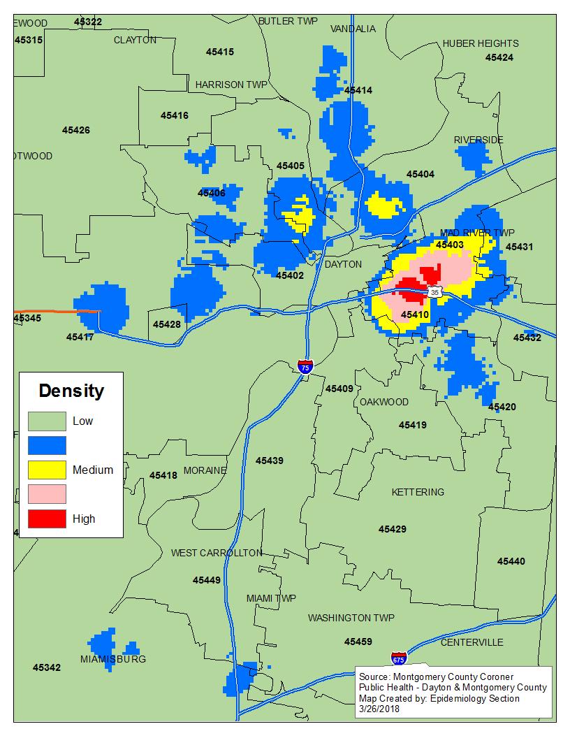 Location Incident of Overdose East Dayton The density map to the left shows the concentration of fatal overdoses in and around East Dayton.