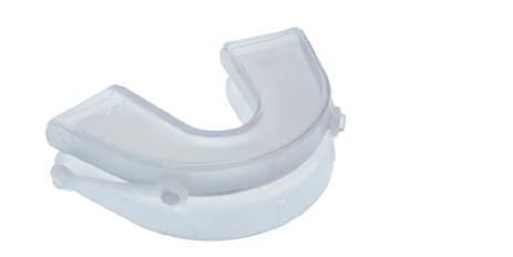 Two connecting straps of equal length connect the upper with the lower jaw tray and allow a mandibular advancement of about -3 to