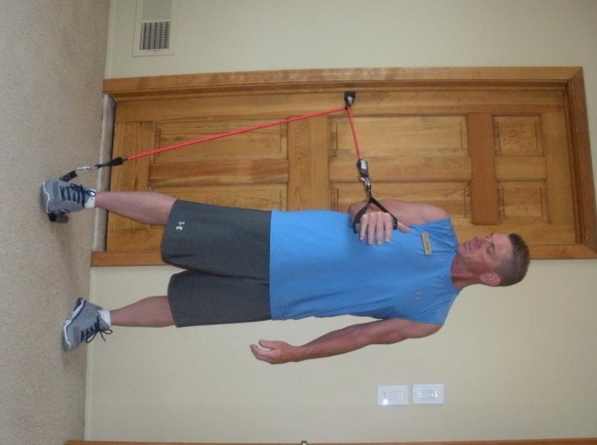 Rotator Cuff #1 Door anchor level with wrist Elbow under shoulder, tight against side Stand on band to adjust tension when exercising right arm, stand on opposite end with right foot Repeat with