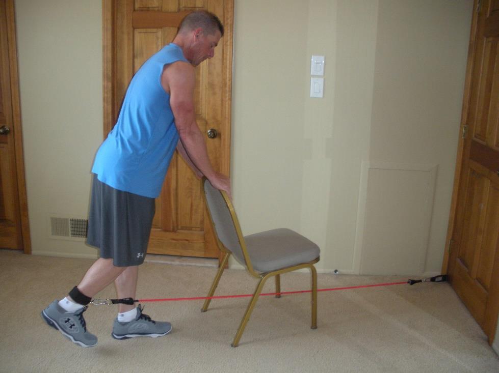 Leg Curl Using a chair for balance Keep knees together with foot slightly back & off the floor Curl working leg backwards As close to 90 as possible Note: Knees must stay