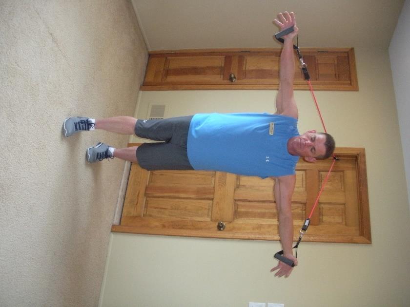 Chest Butterfly Shoulders, elbows, and wrists all at the same level, with thumbs facing up, elbows extended and palms facing inward Feet should be staggered