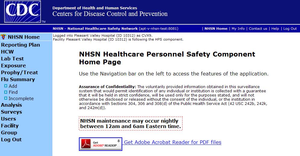 HPS Component Home Page Logged into Pleasant Valley Surgical Center (ID 12345) as CVX9.