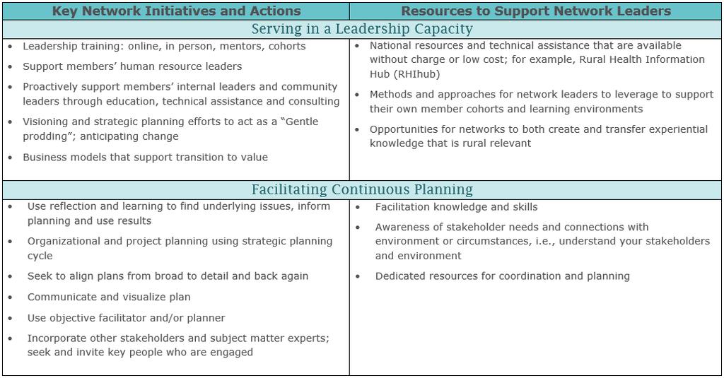 IDENTIFIED INITIATIVES AND NEEDED RESOURCES The following table includes specific initiatives and needed support that network leaders identified during the 2017 Network Summit.
