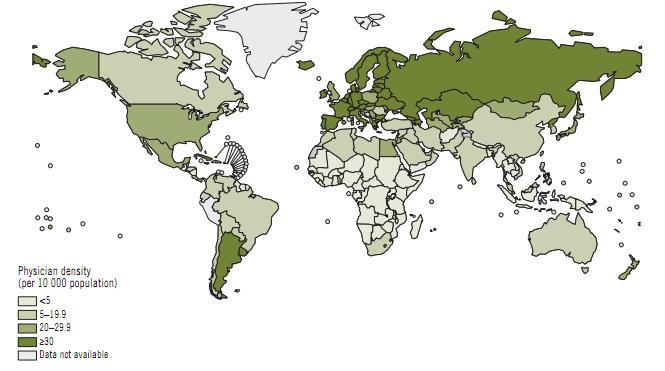 Global distribution of the physician workforce (per 10,000 population),