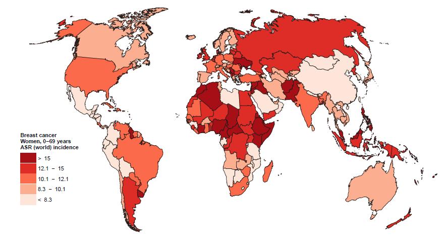 Slika 2. Procenjena smrtnost raka dojke širom sveta u 2012, kod populacije od 100.000 ljudi; Svetska zdravstvena organizacija; WHO 2015; http://globocan.iarc.fr/old/factsheets/cancers/breastnew.