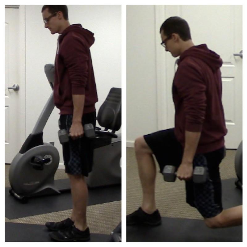 Keep your upper body upright and your lower back flat. Drive through the lead leg to step backward to the standing position. Alternate sides.