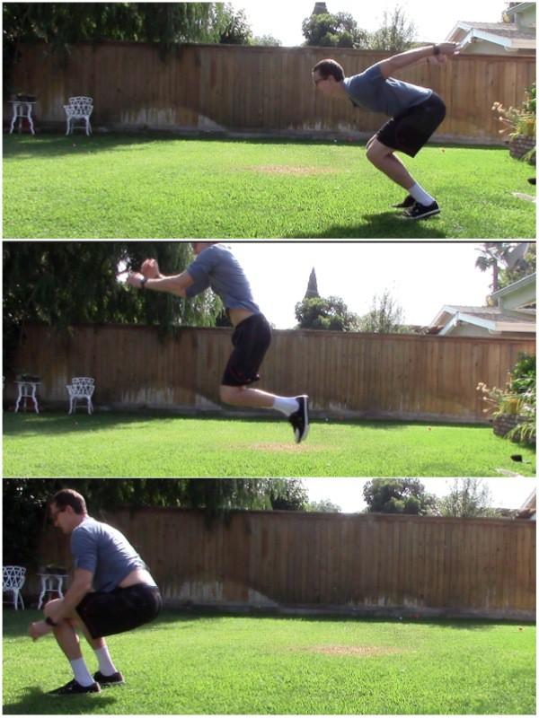 Broad Jumps Stand in an athletic position on the balls of your feet, knees bent and core