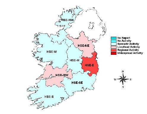 3. Regional Influenza Activity by HSE-Area The geographical spread of influenza is reviewed on a weekly basis using sentinel GP ILI consultation rates, laboratory data and outbreak data.