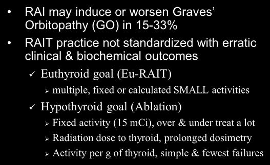 RAI may induce or worsen Graves Orbitopathy (GO) in 15-33% RAIT practice not standardized with erratic clinical & biochemical outcomes Euthyroid goal (Eu-RAIT) multiple, fixed or calculated SMALL