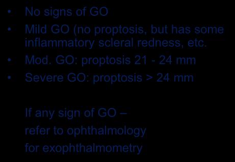 Grading Exophthalmos No signs of GO Mild GO (no proptosis, but has some inflammatory scleral redness, etc. Mod.